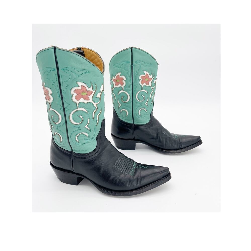 Old Gringo Women's 6 Turquoise Black Pee Wee Flower Inlay Short Cowgirl Boots
